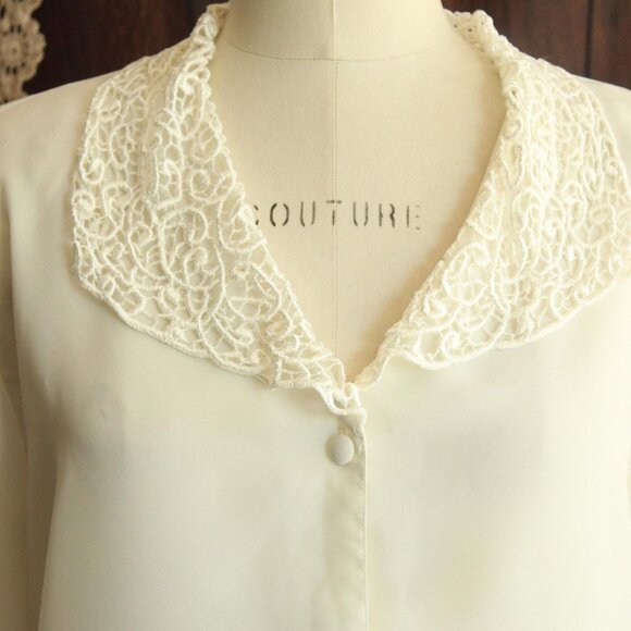Vintage 1980s 1990s Blouse, Volup Impressions White Button Down Shirt with Lace - Picture 3 of 10